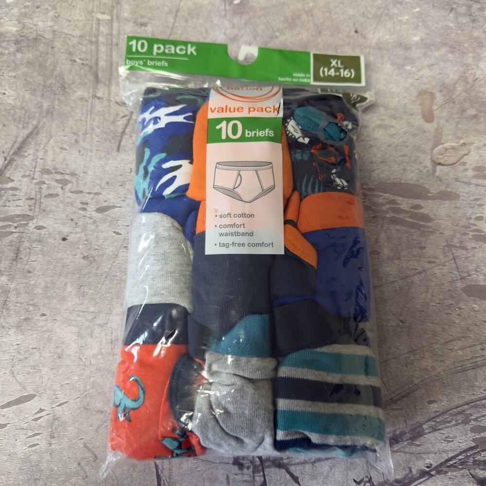 Wonder Nation Boys Briefs Underwear 10 Pack Size 14-16 XL 100% Cotton Multicolor